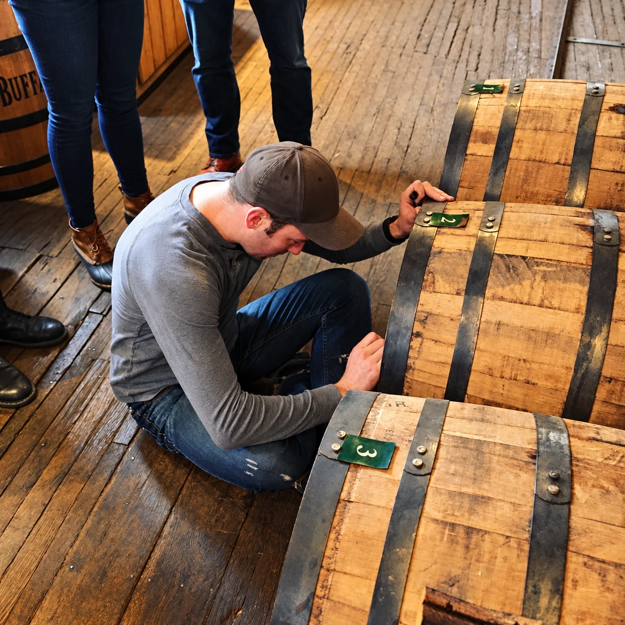 Distillery craftsmanship around oak barrels